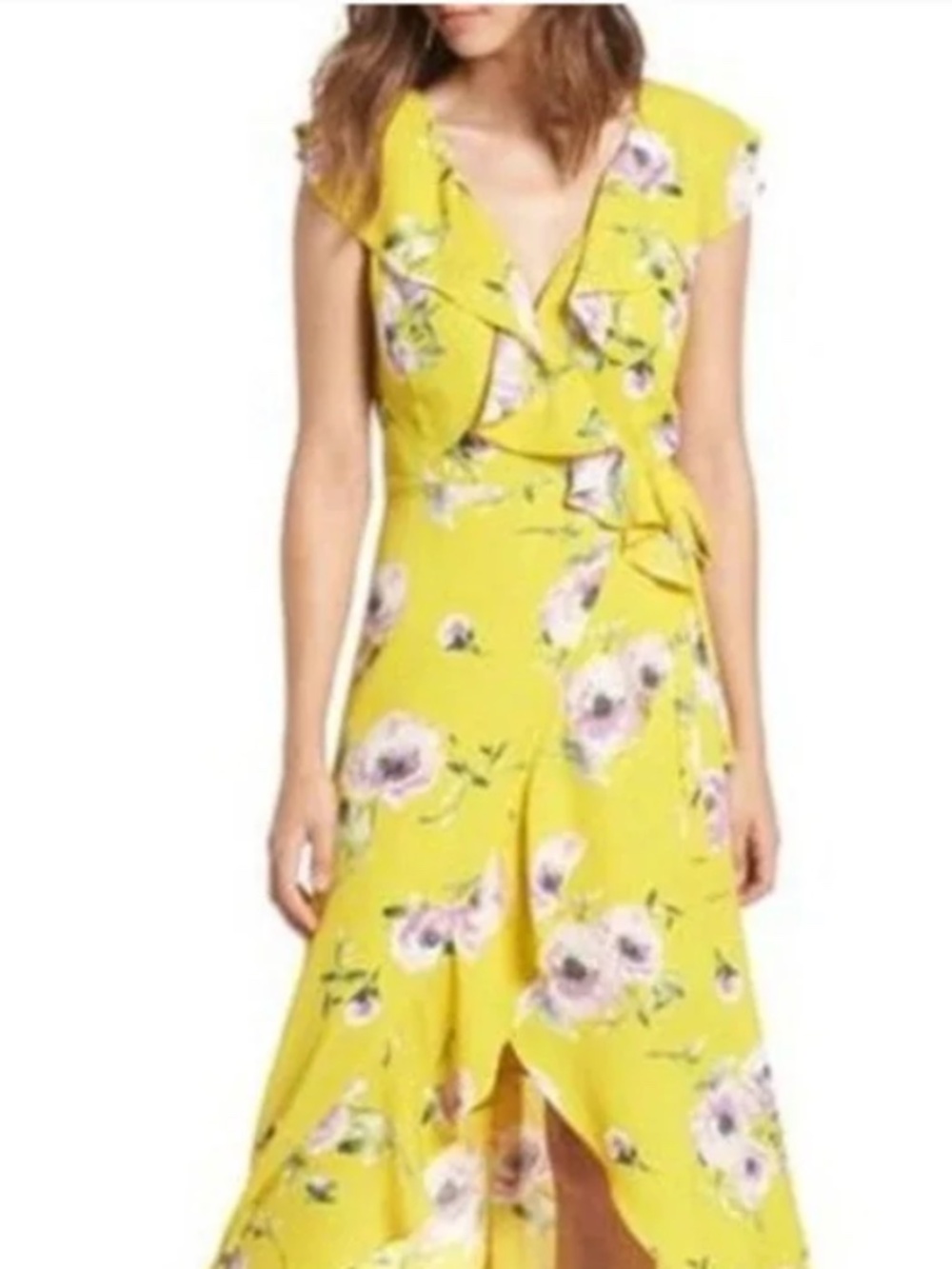 Leith Nordstrom Yellow Floral High-Low Maxi Dress Ruffle Detail | Size S